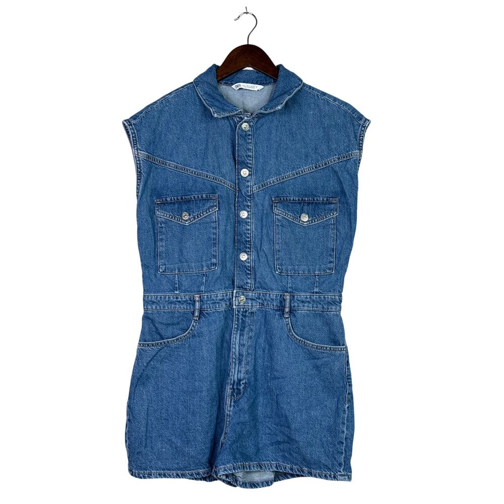 Zara Sleeveless Collard Button Denim Short Jean Shorts Romper L Dark Wash Blue - Picture 12 of 15